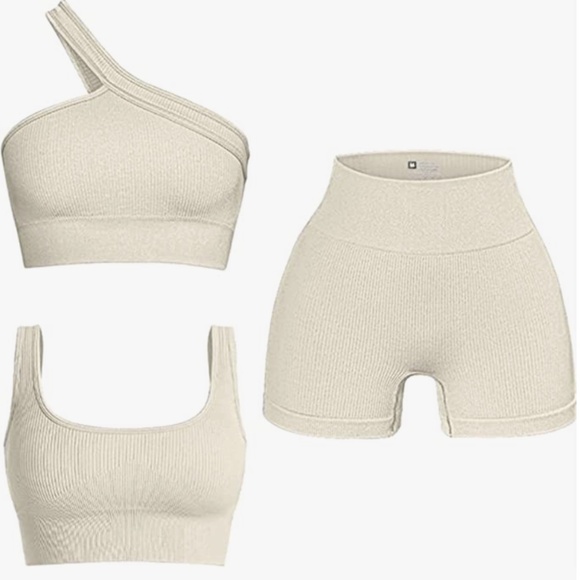 Women's 3 Piece Outfits Ribbed Seamless Exercise Scoop Neck Sports Bra One Shoul